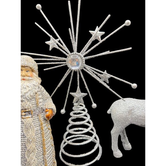 Vintage Glitter Silver Christmas Figurines Set w/ Santa, Reindeer, & Tree Topper - Picture 4 of 6